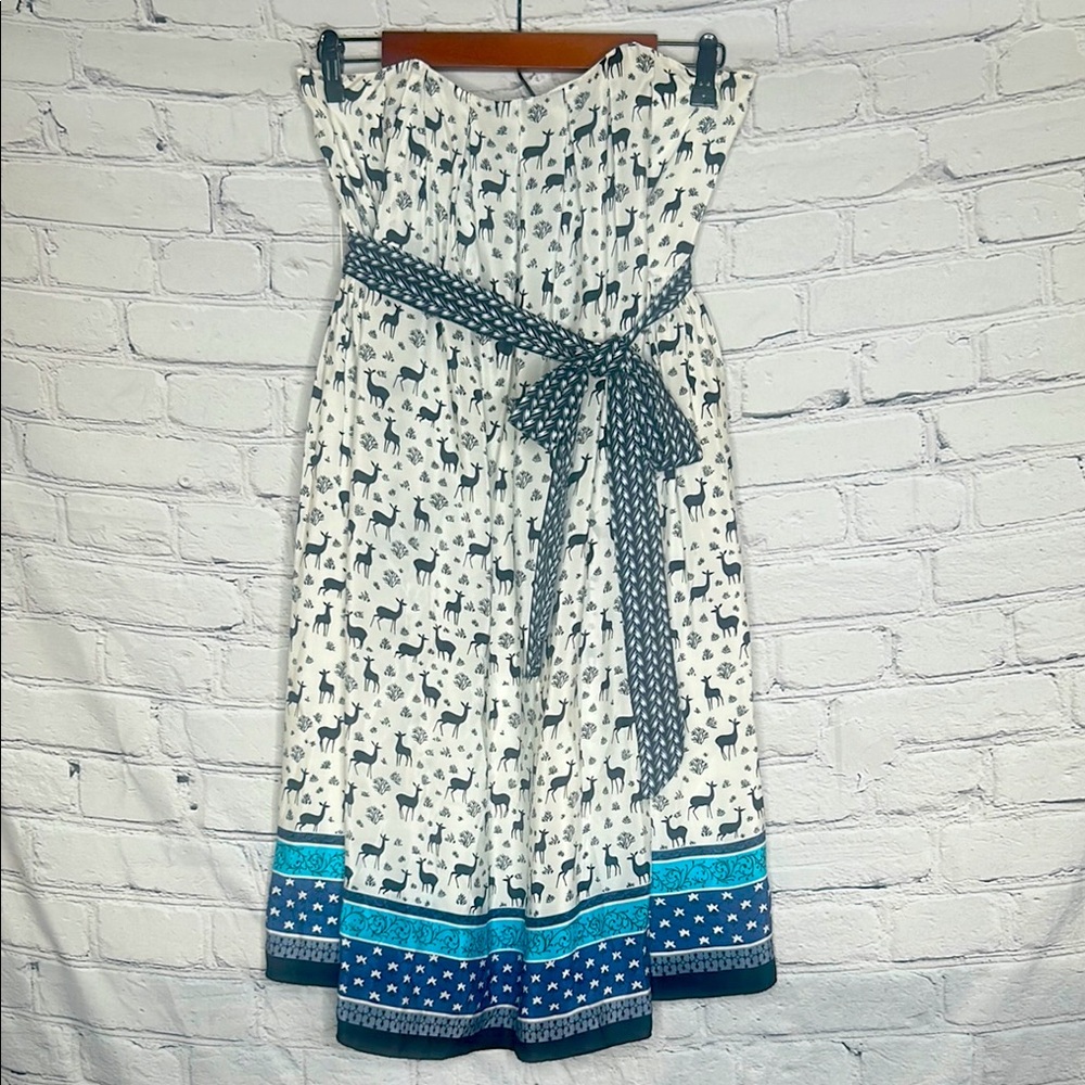 Anna Sui White Blue Strapless Deer Print Belted Silk Dress Size 4